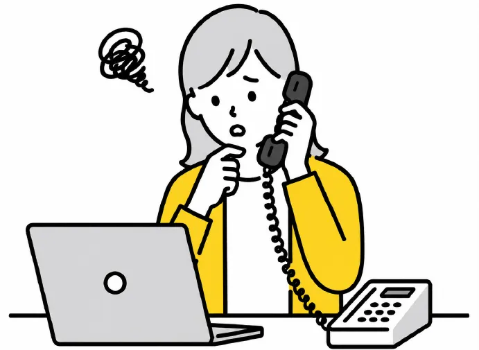 女性が電話をしながら悩んでいるイラスト
