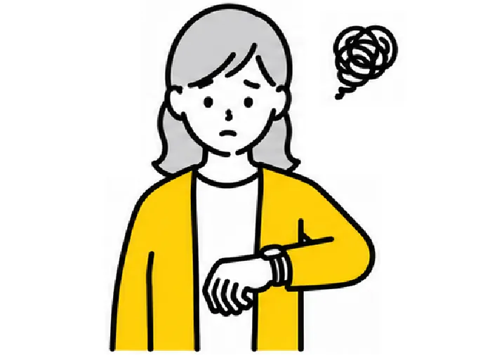 女性が腕時計を見て悩んでいるイラスト