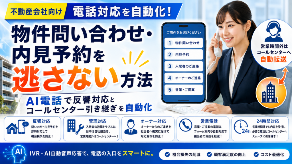 不動産会社の物件問い合わせ・内見予約を逃さない方法|AI電話で反響対応とコールセンター引き継ぎを自動化