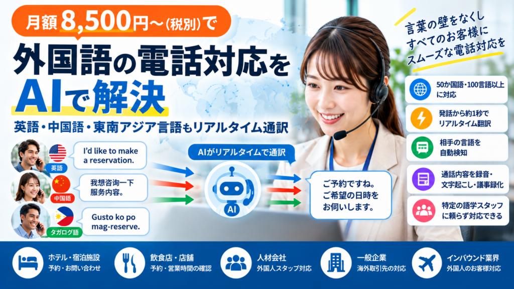 外国語の電話対応をAIで解決|英語・中国語・東南アジア言語もリアルタイム通訳