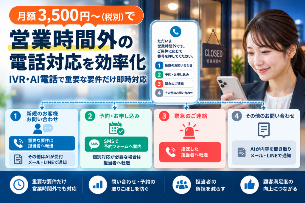 営業時間外の電話対応を月額3,500円〜で効率化|IVR・AI電話で重要な要件だけ即時対応