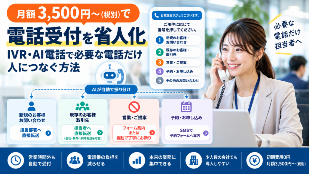 電話受付を月額3,500円〜で省人化|IVR・AI電話で必要な電話だけ人につなぐ方法